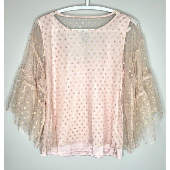 Pink Gold Polka Dot Sheer Bell Sleeve Romantic Fairy Fairycore top L - Picture 5 of 7